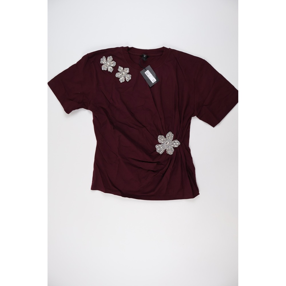 River Island T Shirt Embellished Flower Draped Burgundy Red Medium NWT